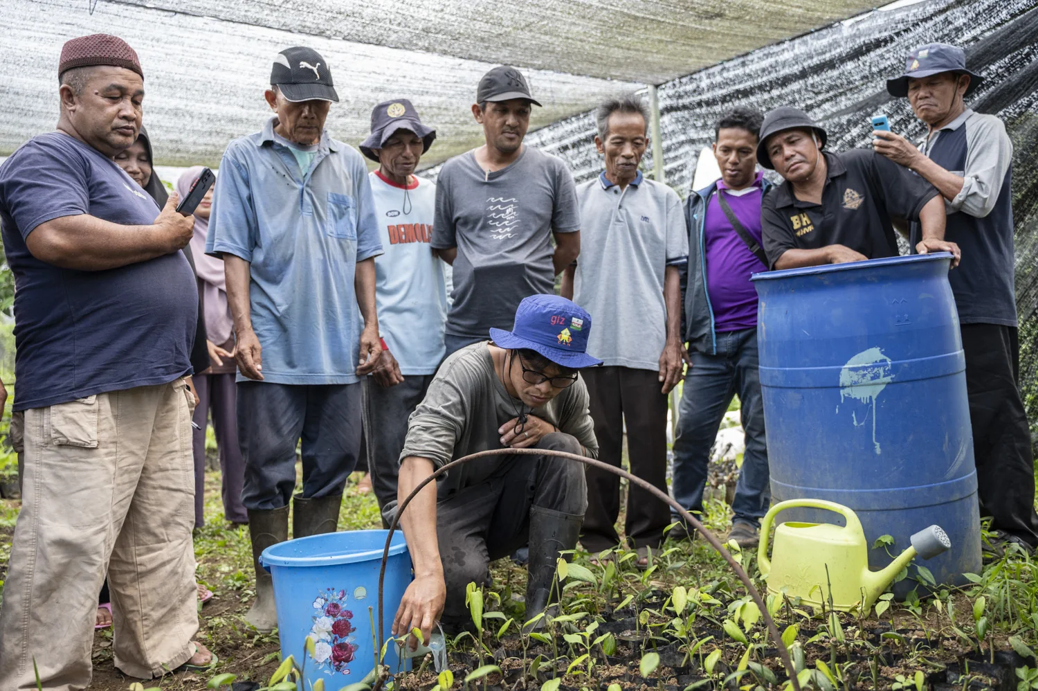 Farmers observing a hands-on seedling demonstration during an aGROWforests training session