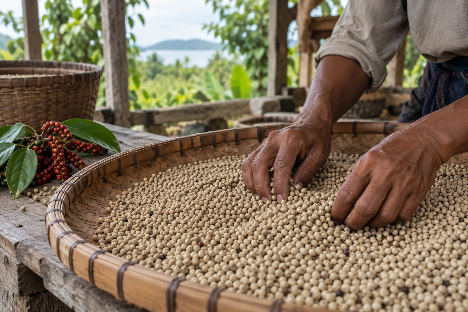 White peppercorns being sorted by hand on a woven bamboo tray in Bangka Belitung