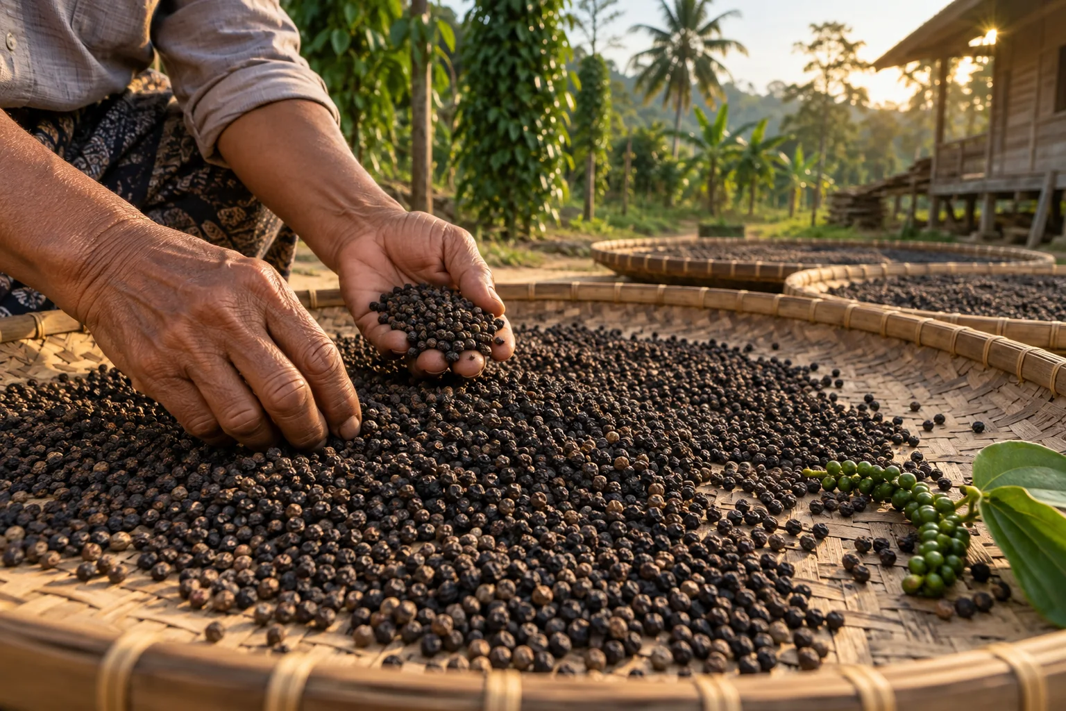 Black peppercorns being checked by hand while drying on woven bamboo mats in Lampung
